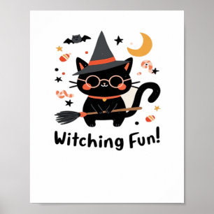 Witching Fun Black Cat with Broom – Cute Halloween Poster