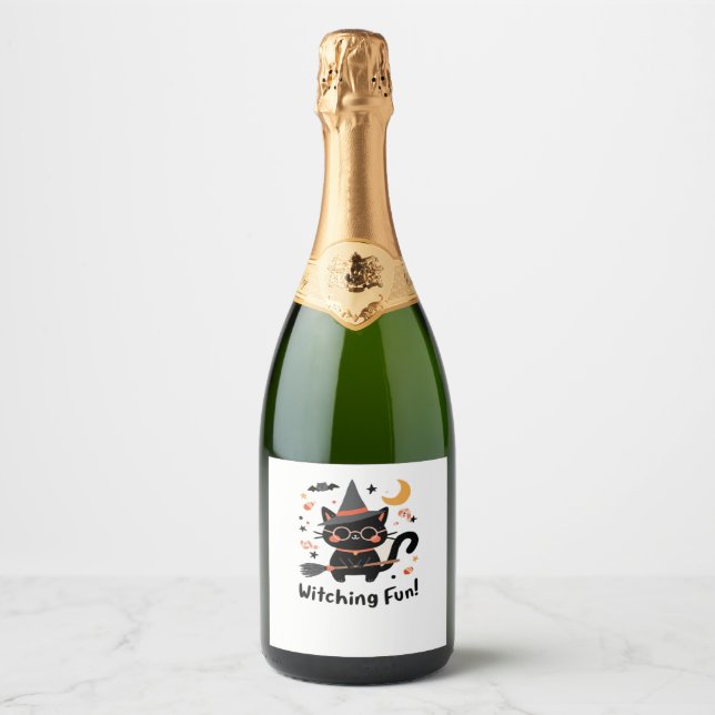 Witching Fun Black Cat with Broom – Cute Halloween Sparkling Wine Label (Front)