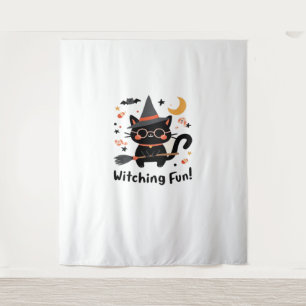 Witching Fun Black Cat with Broom – Cute Halloween Tapestry