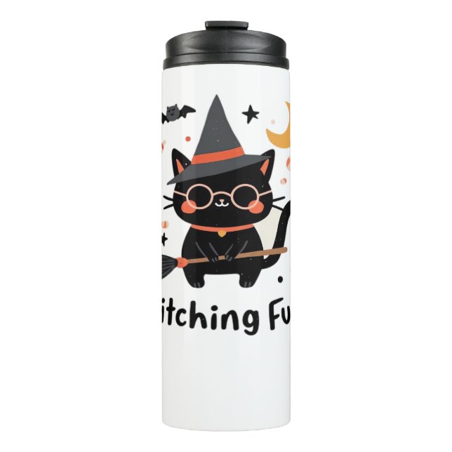 Witching Fun Black Cat with Broom – Cute Halloween Thermal Tumbler (Front)