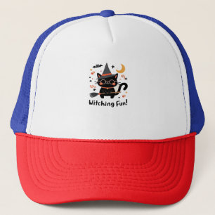 Witching Fun Black Cat with Broom – Cute Halloween Trucker Hat