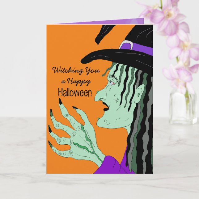 Witching you a Happy Halloween Hand Drawn Witch Card (Orchid)