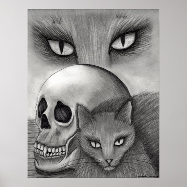 Witch's Black Cat Skull Gothic Fantasy Cat Art Pri Poster (Front)