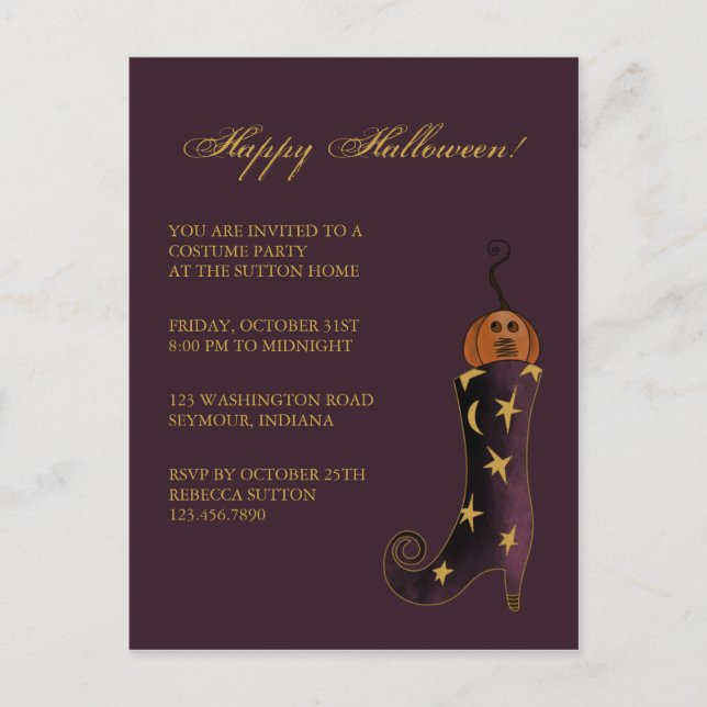 Witch's Boot & Pumpkin • Halloween Invitation Postcard (Front)