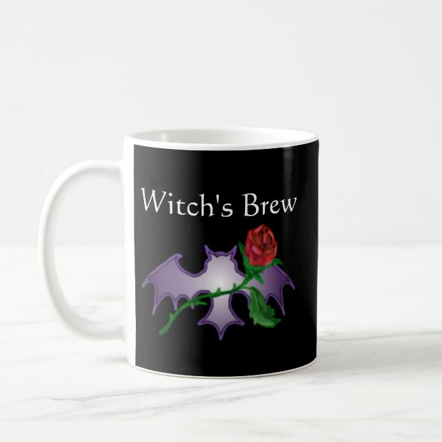 Witch's Brew Wicca Bat Rose Black Goth Flower Coffee Mug (Left)
