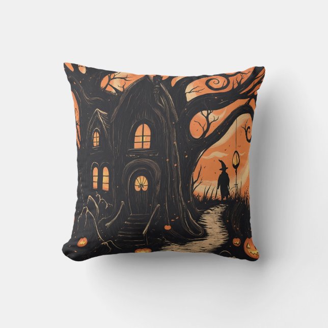 Witch's Cottage Twisted Tree Eerie Halloween Cushion (Front)