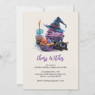 Witch's Cupcake and black cat, Halloween Invitation