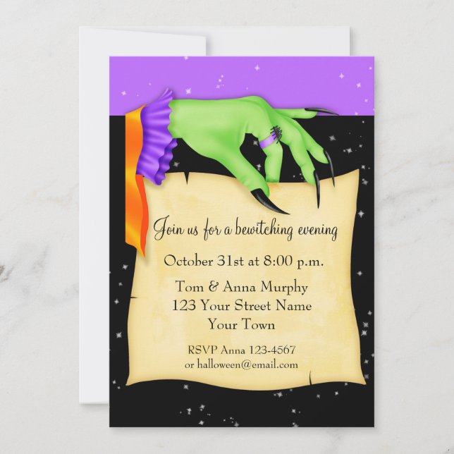 Witch's Hand with Paper Halloween Invitation (Front)