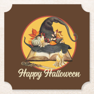 Witch's Hat & Spellbook Halloween  Paper Coaster