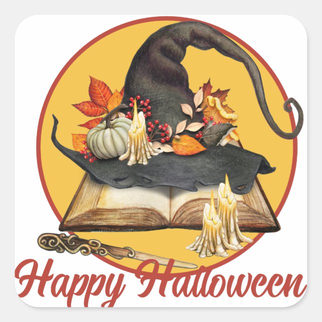 Witch's Hat & Spellbook Halloween Square Sticker (Front)