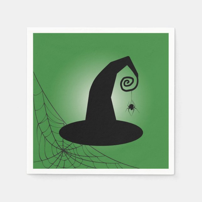 Witch's Hat With Spiderweb Green Cocktail Napkins (Front)