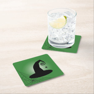Witch's Hat With Spiderweb Green Paper Coasters