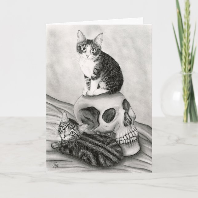 Witch's Kittens Cat Skull Gothic Goth Fantasy Art  Card (Front)