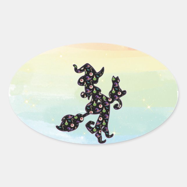 Witchy And Cat, Halloween Mood Oval Sticker (Front)