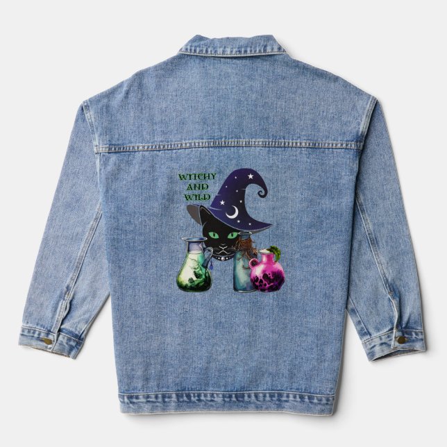 Witchy And Wild - Halloween Black Cat And Potions Denim Jacket (Back)