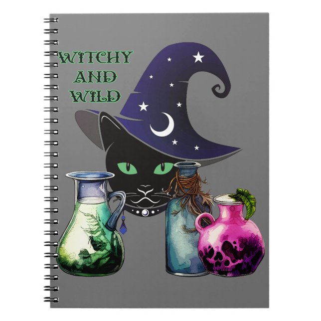 Witchy And Wild - Halloween Black Cat And Potions Notebook (Front)