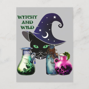 Witchy And Wild - Halloween Black Cat And Potions Postcard