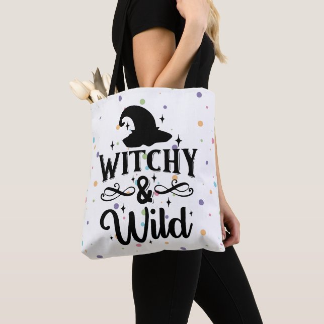 Witchy and Wild Polka Dot Halloween Tote Bag (Close Up)