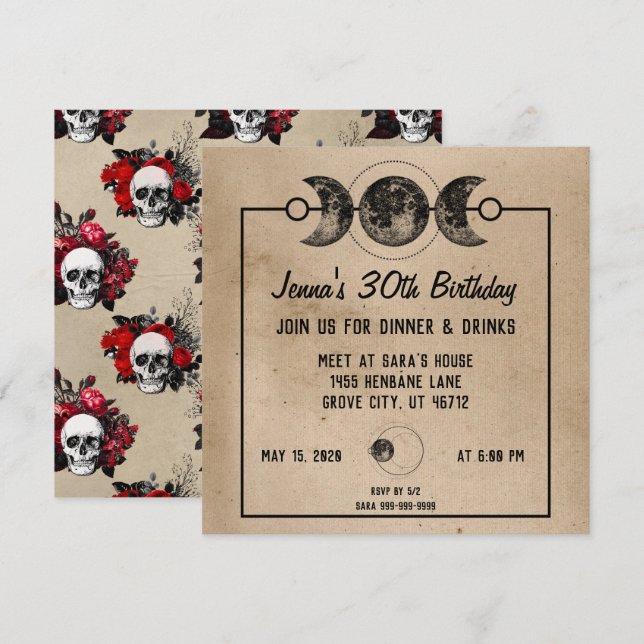 Witchy Birthday Invitations Roses & Skulls Gothic (Front/Back)