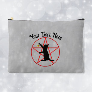 Witchy Black Cat Gold Star Red Pentagram Grey Accessory Pouch