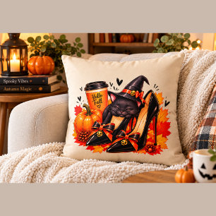 Witchy Black Cat Halloween Pillow – Gothic Heels, 