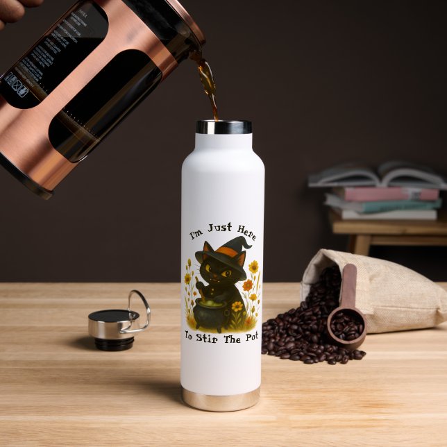 Witchy Black Cat "I’m Just Here to Stir the Pot" Water Bottle (Coffee (Rotated))