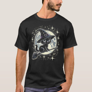 Witchy Black Cat on a Broomstick with Full Moon Ha T-Shirt