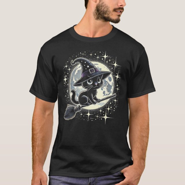 Witchy Black Cat on a Broomstick with Full Moon Ha T-Shirt (Front)