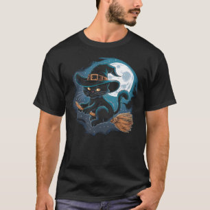 Witchy Black Cat on a Broomstick with Full Moon Ha T-Shirt