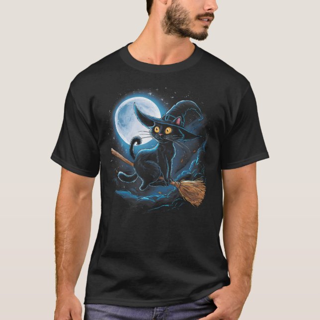 Witchy Black Cat on a Broomstick with Full Moon Ha T-Shirt (Front)