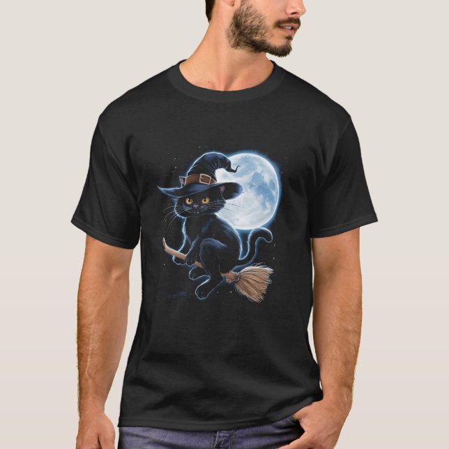Witchy Black Cat on a Broomstick with Full Moon Ha T-Shirt (Front)