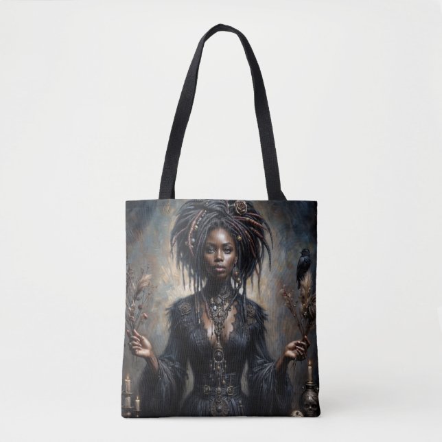 Witchy Black Woman Gothic Art Tote Bag (Front)