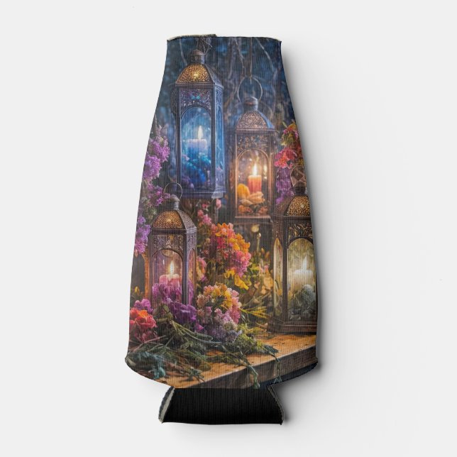 Witchy Boho Gypsy Candles Lanterns Mystical Bottle Cooler (Front)