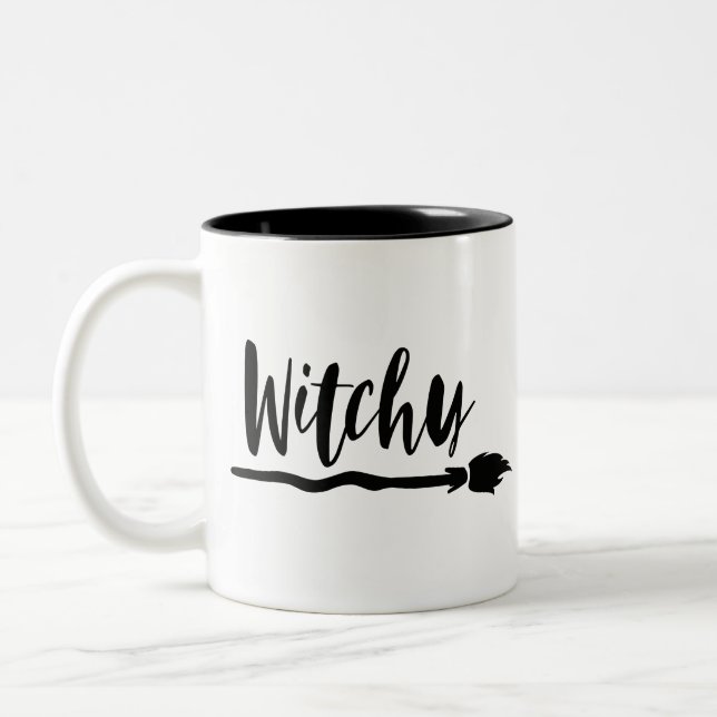 Witchy Broom | Black Brush Script Typography Two-Tone Coffee Mug (Left)
