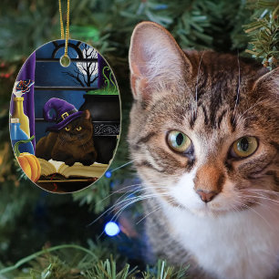 Witchy Brown Cat Magic Purple Full Moon Brewing Ceramic Tree Decoration