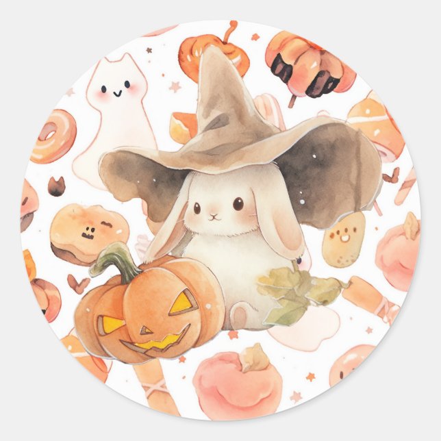 Witchy Bunny & Jack O' Lantern Hoppy Halloween  Classic Round Sticker (Front)