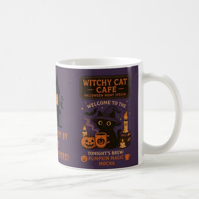 Witchy Cat Café Mug – Halloween Pumpkin Spell Gift (Right)