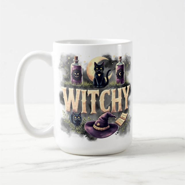 Witchy Cat Halloween Women's Dark Gothic Tshirt Coffee Mug (Left)