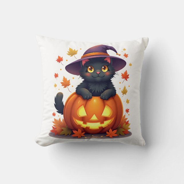 Witchy Cat in a Pumpkin Hat Cushion (Front)