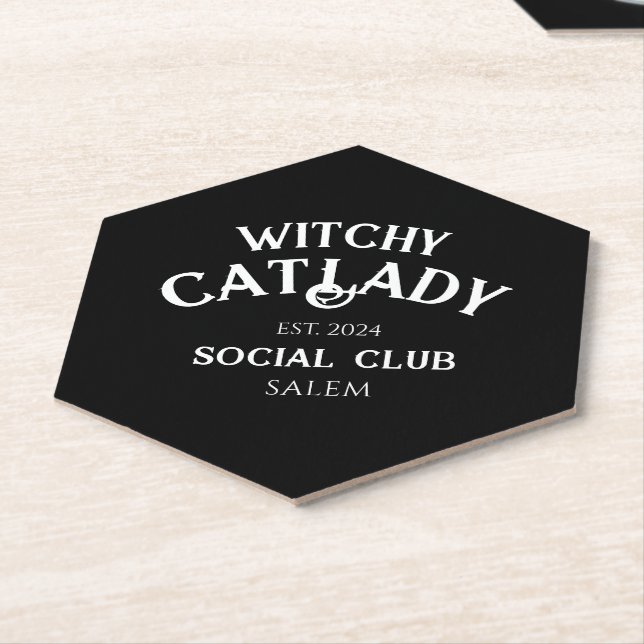 Witchy Cat Lady Social Club Custom Est. Date Black Paper Coaster (Angled)