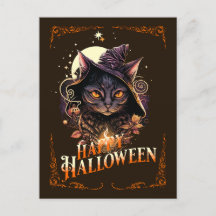 Witchy Cat Wishes for Halloween Postcard