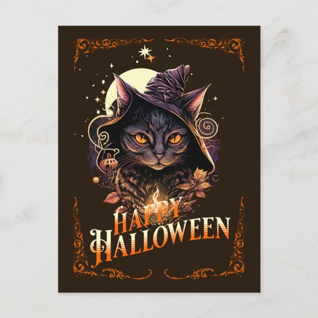 Witchy Cat Wishes for Halloween Postcard (Front)