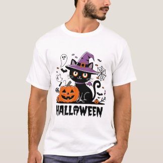 Witchy Cat with Pumpkins - Halloween Fun T-Shirt