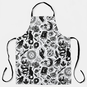 Witchy Celestial Pattern Black and White Mystica Apron