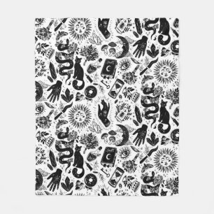 Witchy Celestial Pattern Black and White Mystica Fleece Blanket