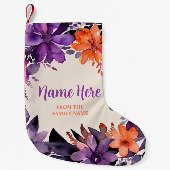 Witchy Christmas Vibes Purple and Orange Flowers Small Christmas Stocking (Front)