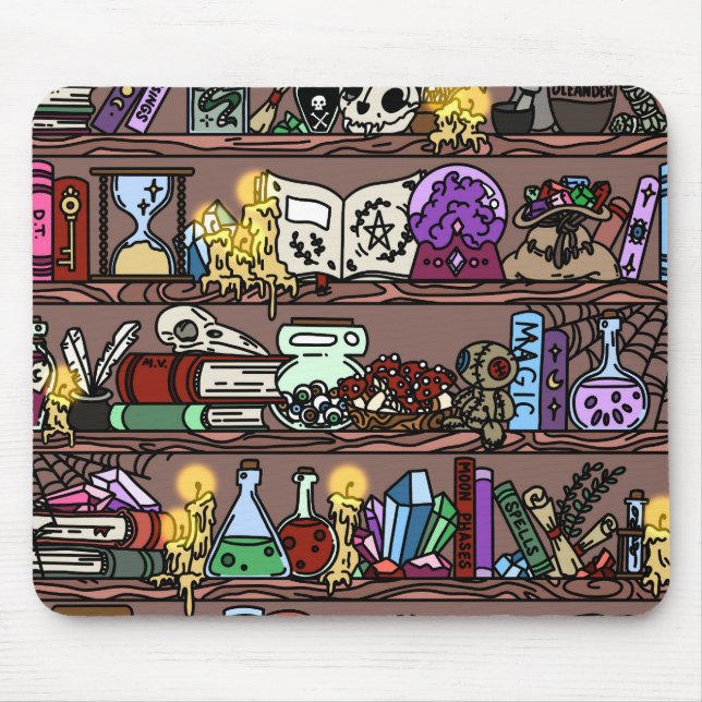 Witchy Cosy Cluttered Bookshelf Mouse Mat (Front)