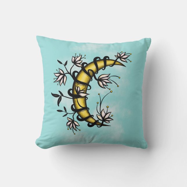 Witchy Crescent Moon Floral Wiccan Cushion (Front)