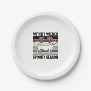 Witchy Dachshund Halloween Vintage Engraving Dog S Paper Plate
