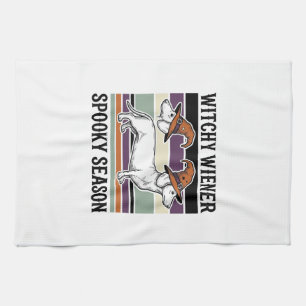 Witchy Dachshund Halloween Vintage Engraving Dog S Tea Towel